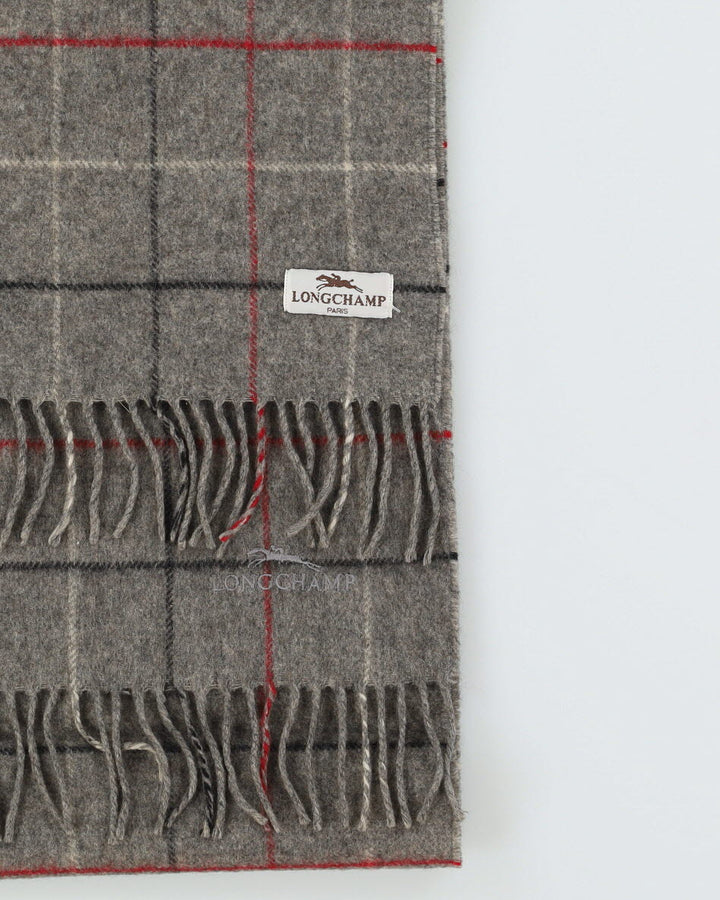 Longchamp Grey Checked Fringed Scarf