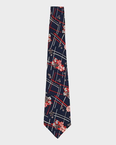 Vintage 90s Pierre Balmain Navy Floral Patterned Silk Tie
