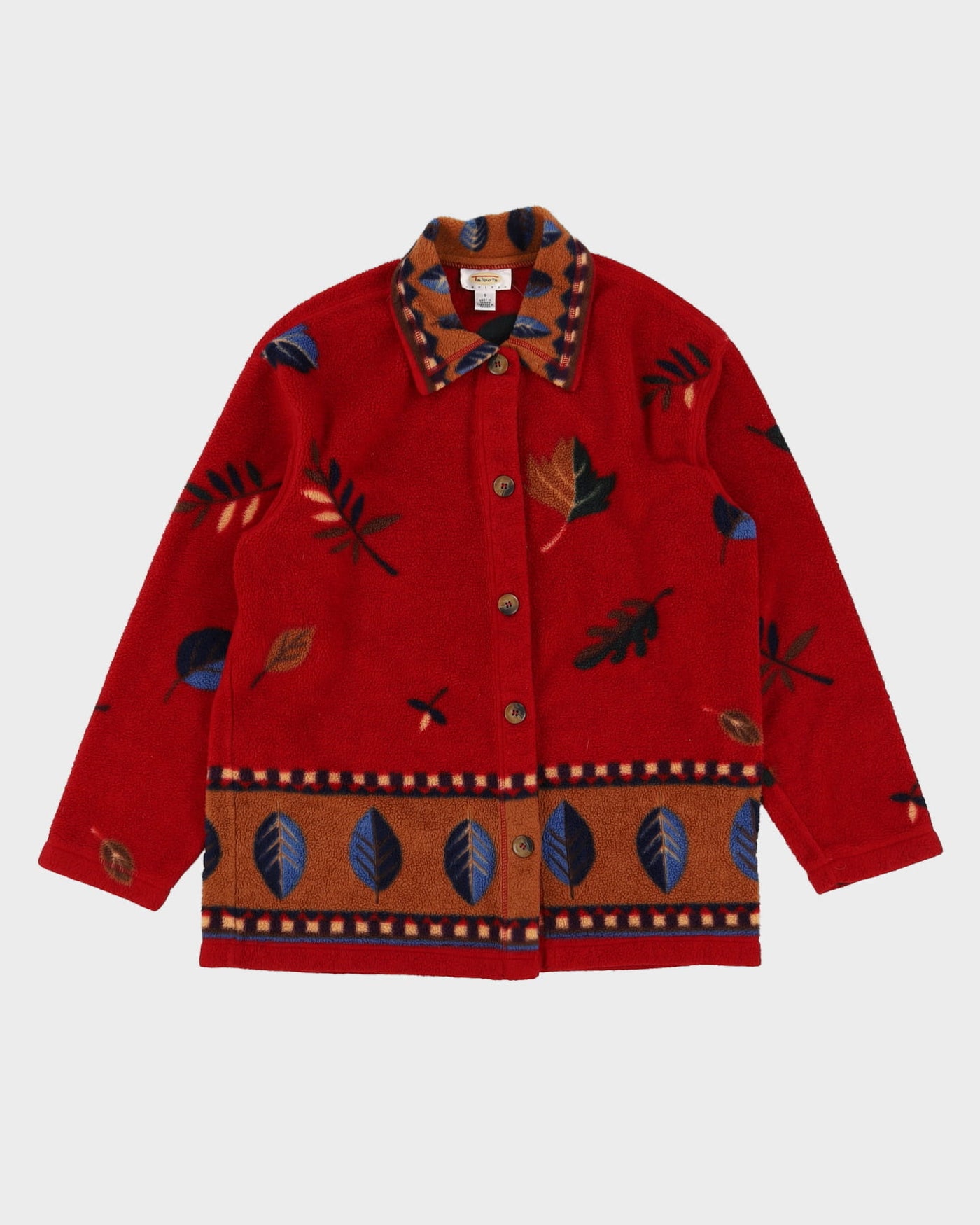 Red Leaf Print Button-Up Fleece - M