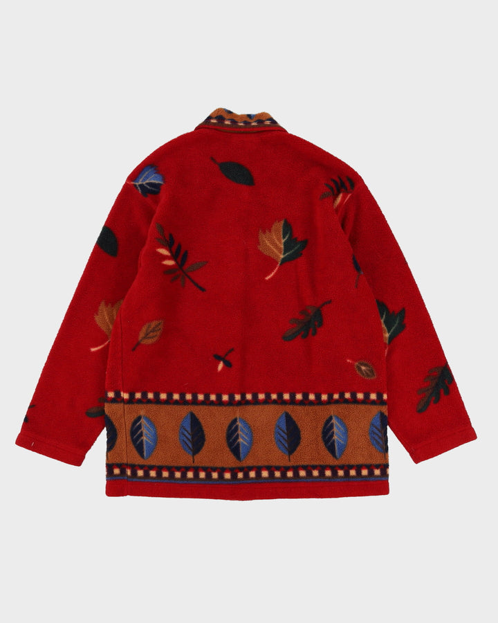 Red Leaf Print Button-Up Fleece - M