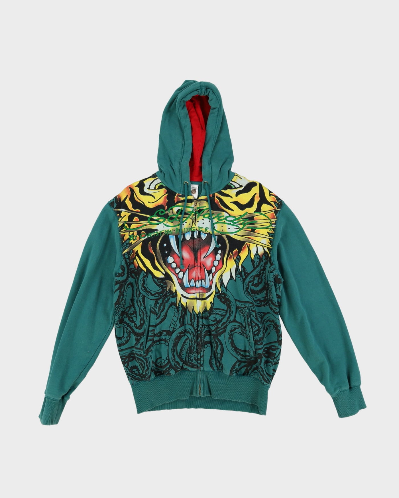 Ed Hardy All Over Lion Print Green Zip-Up Hoodie - L