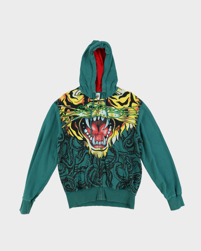 Ed Hardy All Over Lion Print Green Zip-Up Hoodie - L