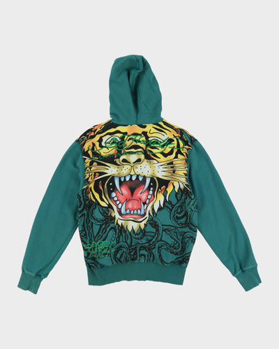 Ed Hardy All Over Lion Print Green Zip-Up Hoodie - L