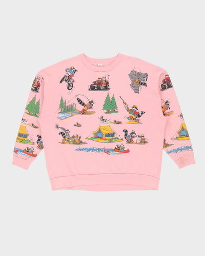 80s Hunting Racoon Pink All Over Print Graphic Sweatshirt - L