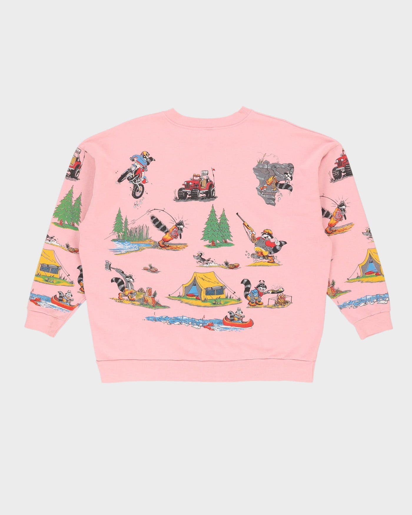 80s Hunting Racoon Pink All Over Print Graphic Sweatshirt - L