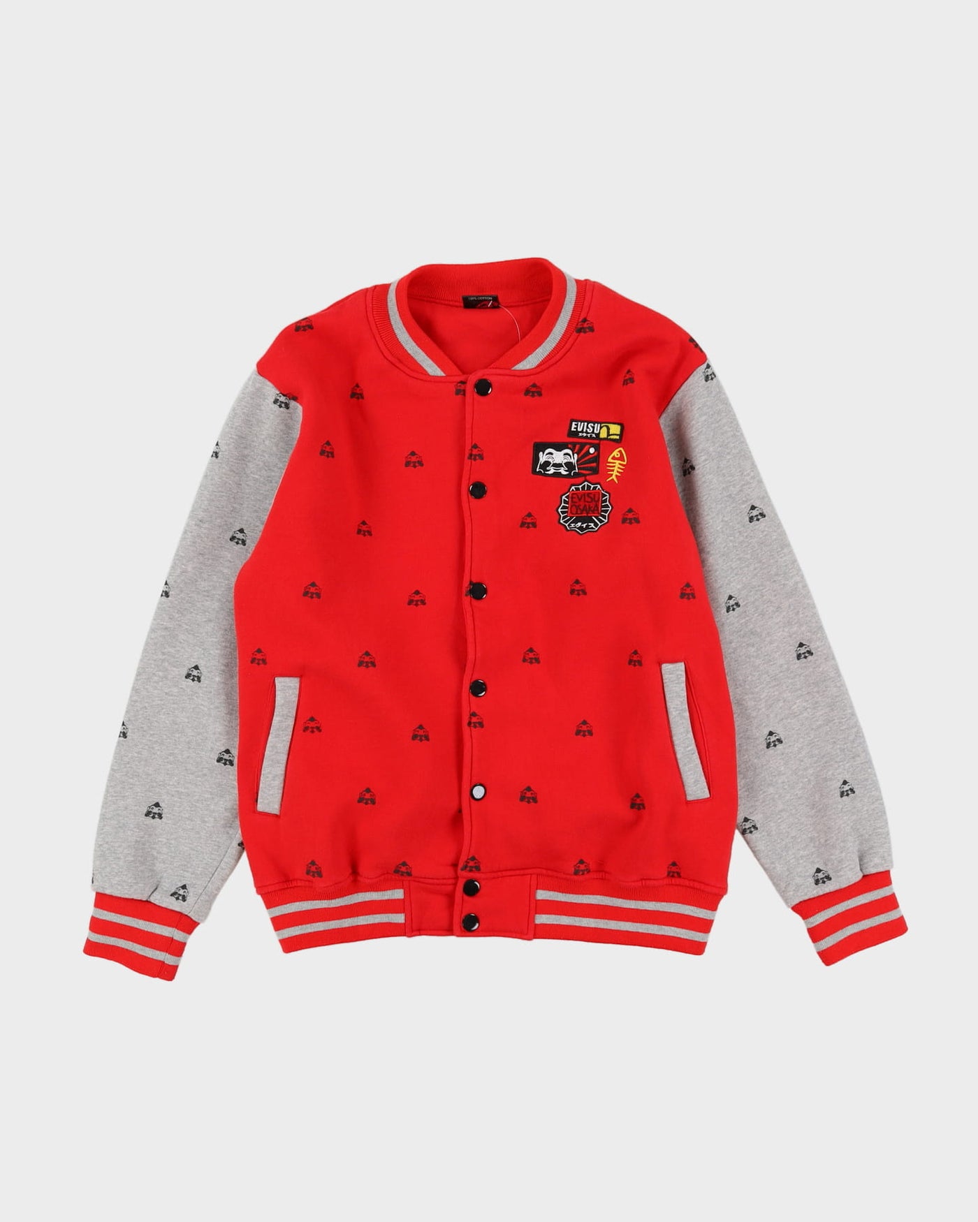 00s Evisu Red All Over Print Button Up Letterman Sweatshirt - XL