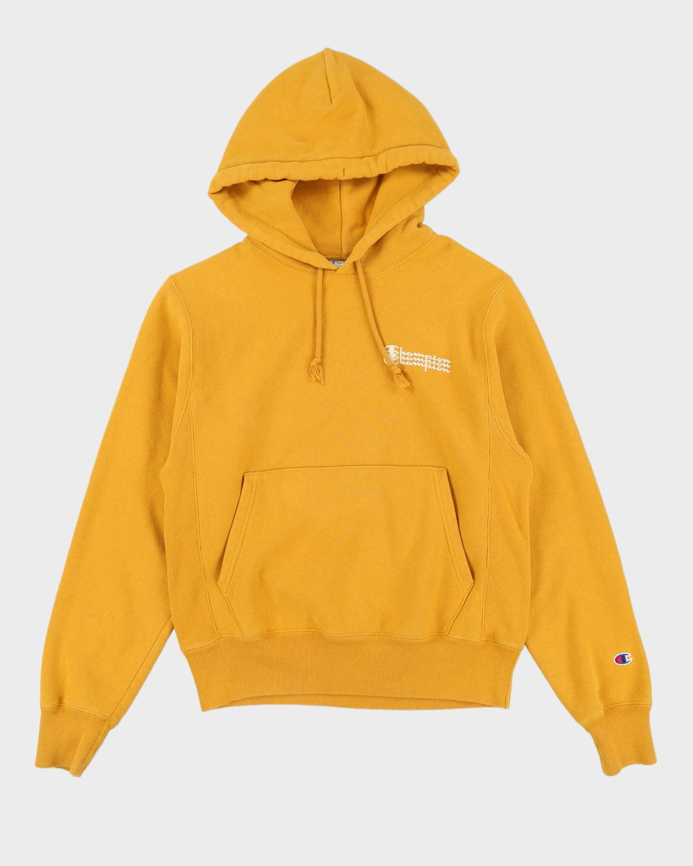 Champion Yellow Repeat Logo Reverse Weave Hoodie - S