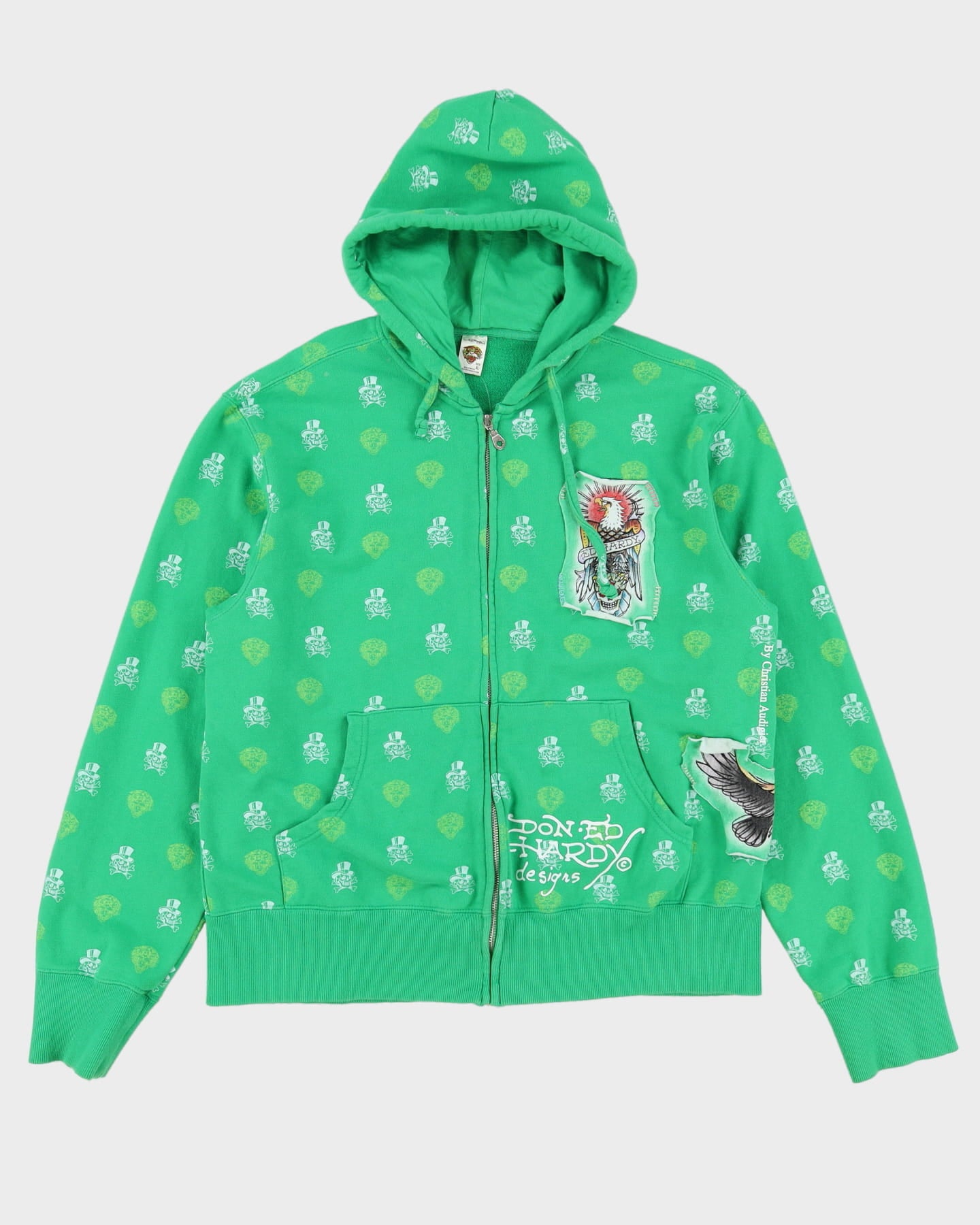 00s Y2K Ed Hardy Green All Over Print Full-Zip Hoodie - XL