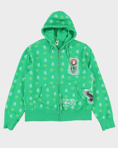 00s Y2K Ed Hardy Green All Over Print Full-Zip Hoodie - XL