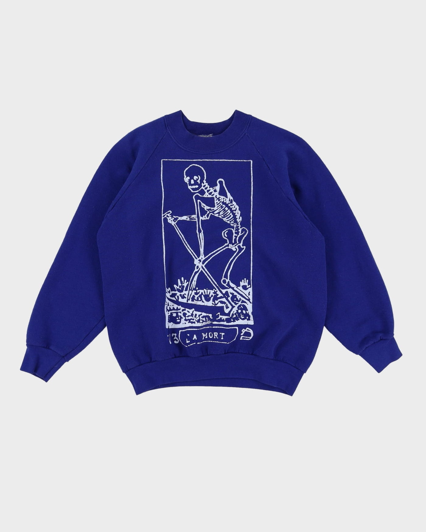 Vintage 90s La Mort Skeleton Graphic Blue Fruit Of The Loom Sweatshirt - M