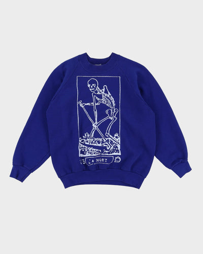 Vintage 90s La Mort Skeleton Graphic Blue Fruit Of The Loom Sweatshirt - M