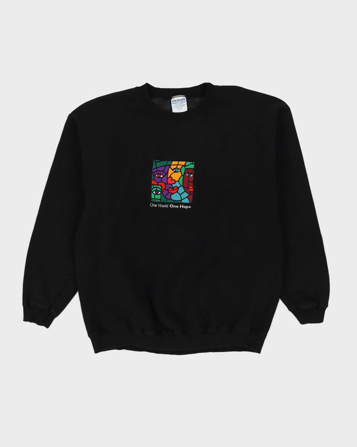 Vintage 90s 'One World One Hope' Art Black Sweatshirt - XL