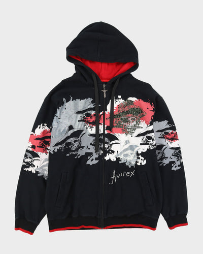 Y2K 00s Avirex Black Graphic Zip Up Hoodie - L
