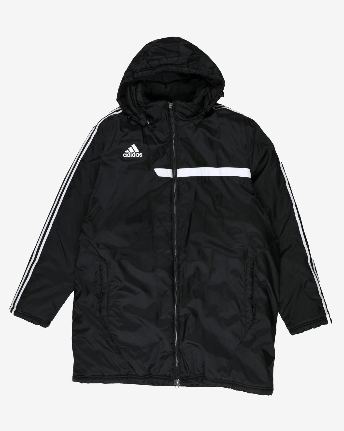 adidas black striped hooded long puffa jacket - xxxl
