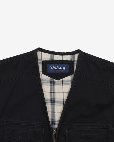 Vintage Navy Padded / Check Lined Utility Vest - L