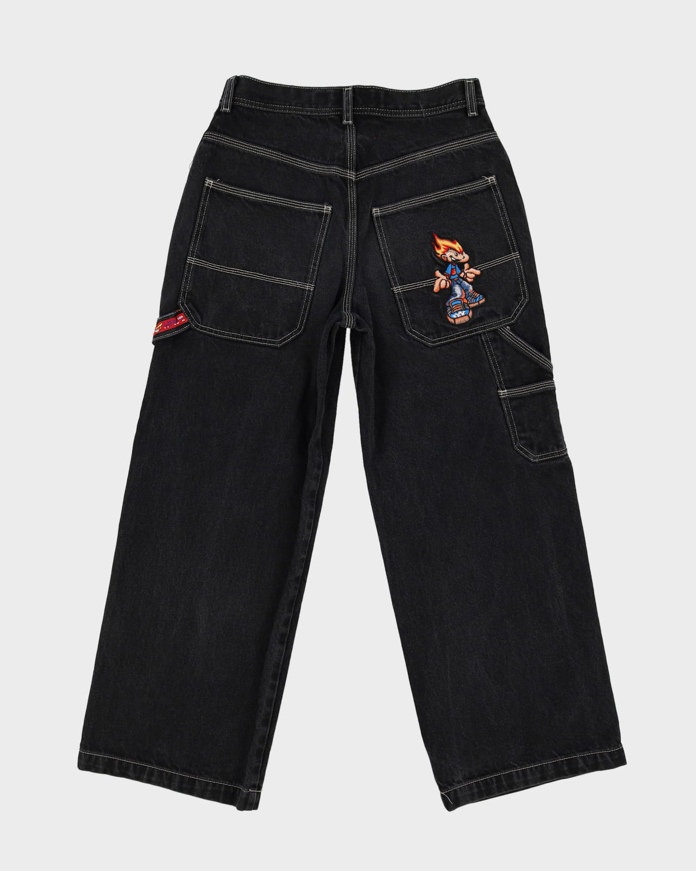 00s Y2K JNCO Flamehead USA Black Baggy Oversized Contrast Stitch Jeans - W30 L28