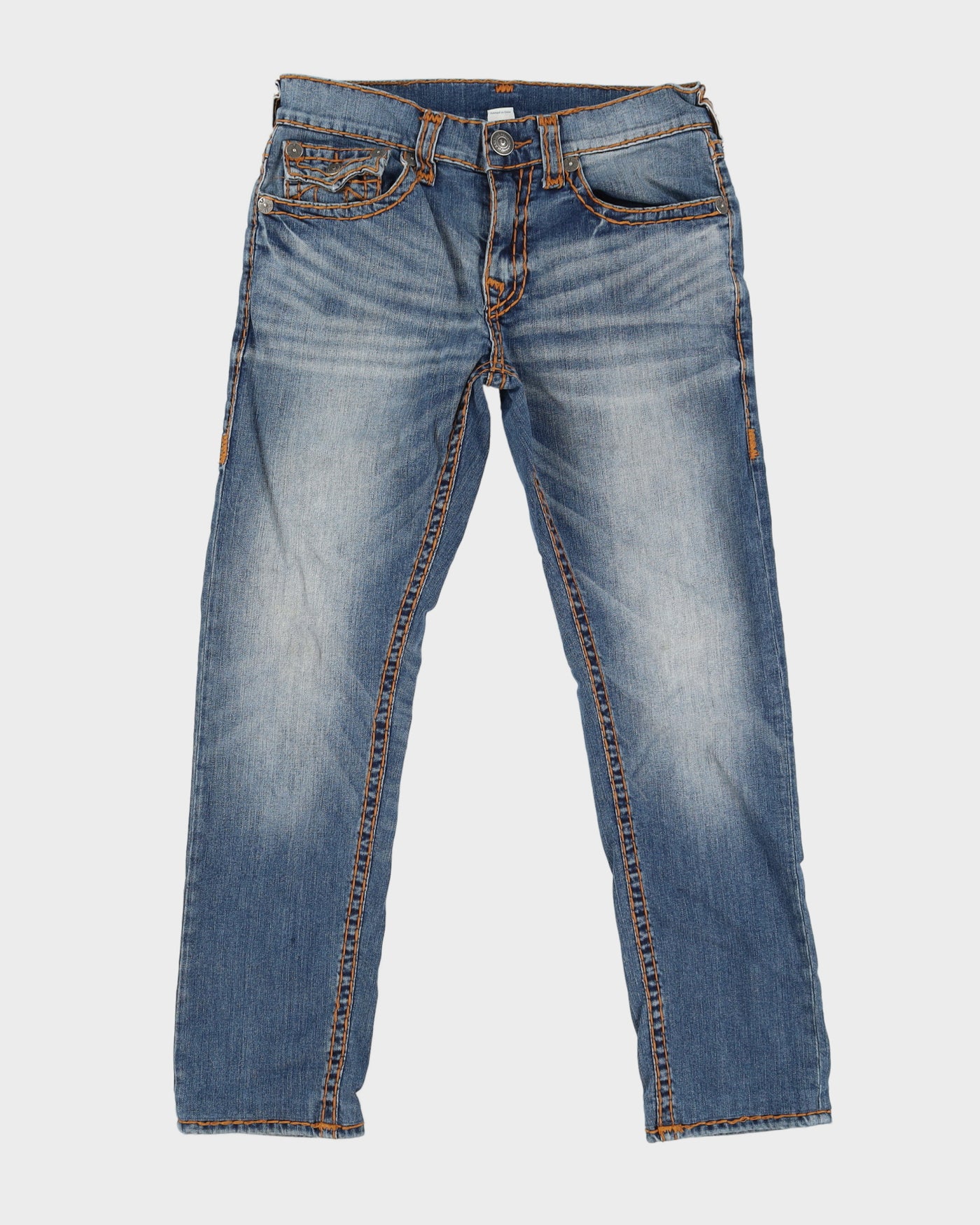 Y2K 00s True Religion Medium Washed Orange Stitching Blue Jeans - W34 L30
