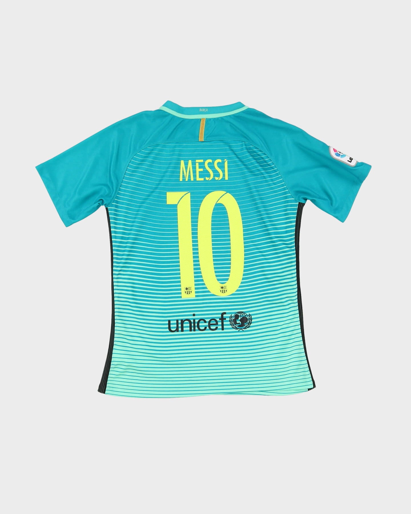 2014-15 FC Barcelona Green Striped Away Football Shirt / Jersey - S