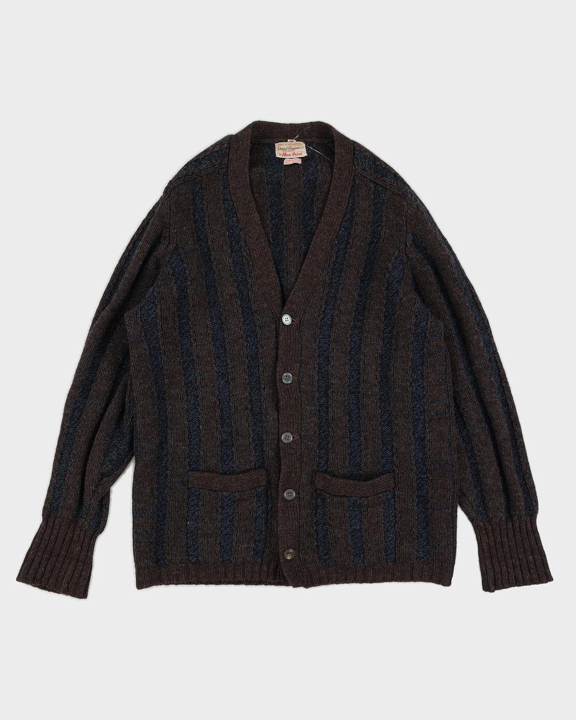 True Vintage 1960s Navy Blue And Brown Shetland Wool Mens Cardigan - M