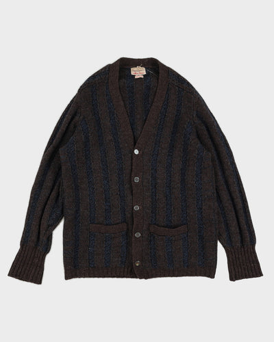 True Vintage 1960s Navy Blue And Brown Shetland Wool Mens Cardigan - M