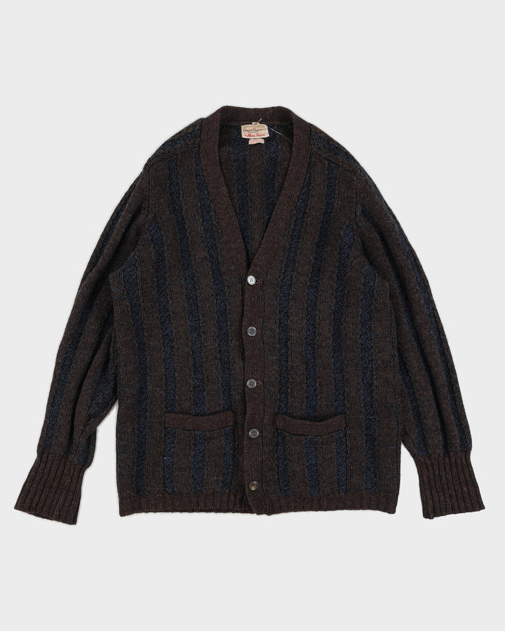 True Vintage 1960s Navy Blue And Brown Shetland Wool Mens Cardigan - M