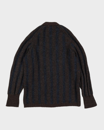 True Vintage 1960s Navy Blue And Brown Shetland Wool Mens Cardigan - M