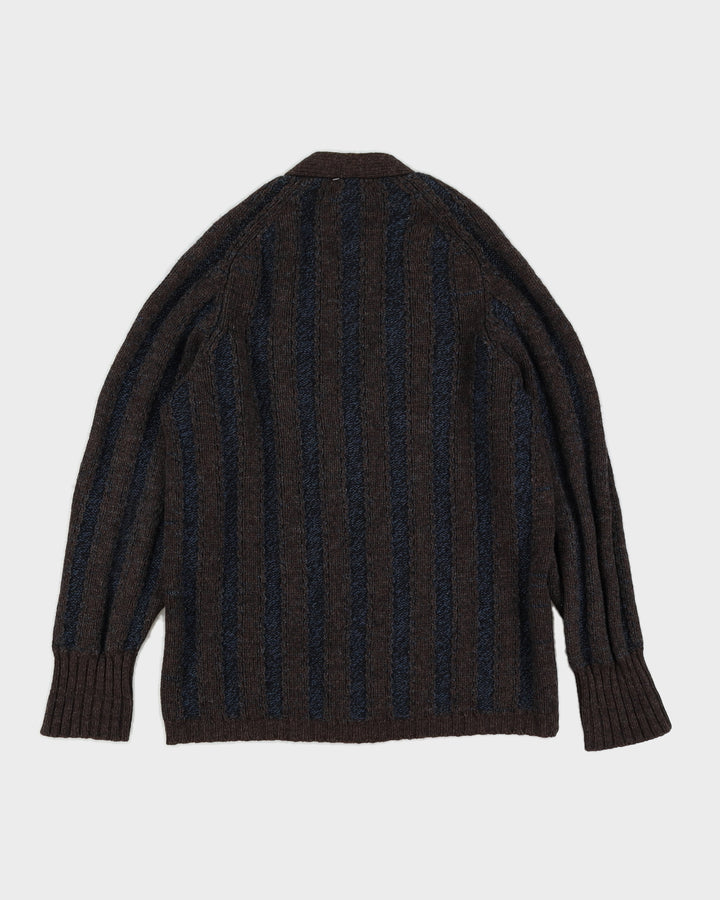 True Vintage 1960s Navy Blue And Brown Shetland Wool Mens Cardigan - M