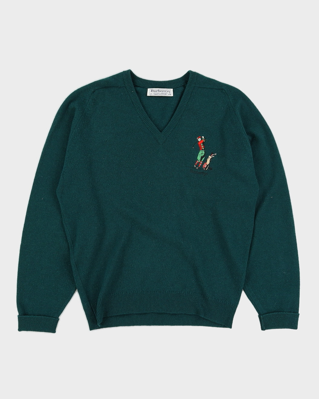 Vintage 1970s Burberry Green V Neck Pullover - M