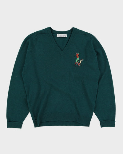 Vintage 1970s Burberry Green V Neck Pullover - M