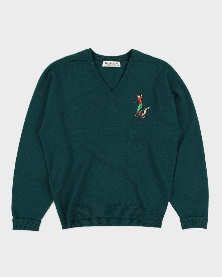 Vintage 1970s Burberry Green V Neck Pullover - M