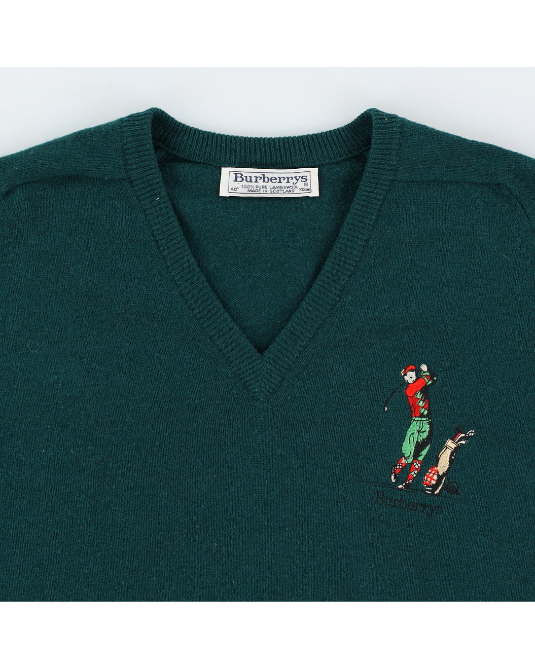 Vintage 1970s Burberry Green V Neck Pullover - M