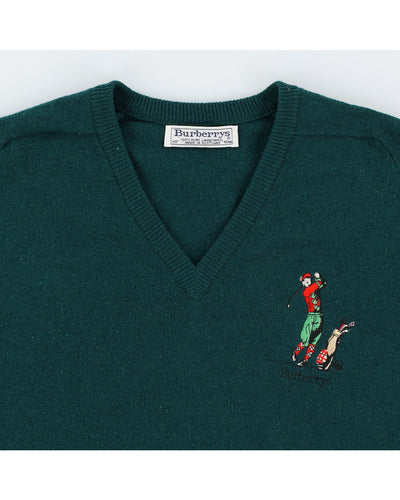 Vintage 1970s Burberry Green V Neck Pullover - M