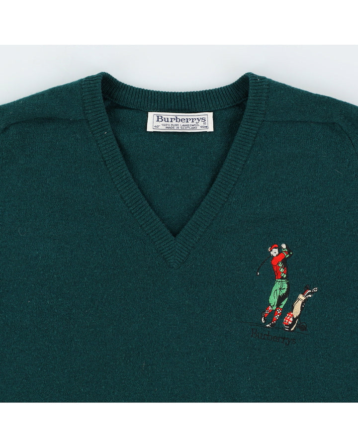 Vintage 1970s Burberry Green V Neck Pullover - M