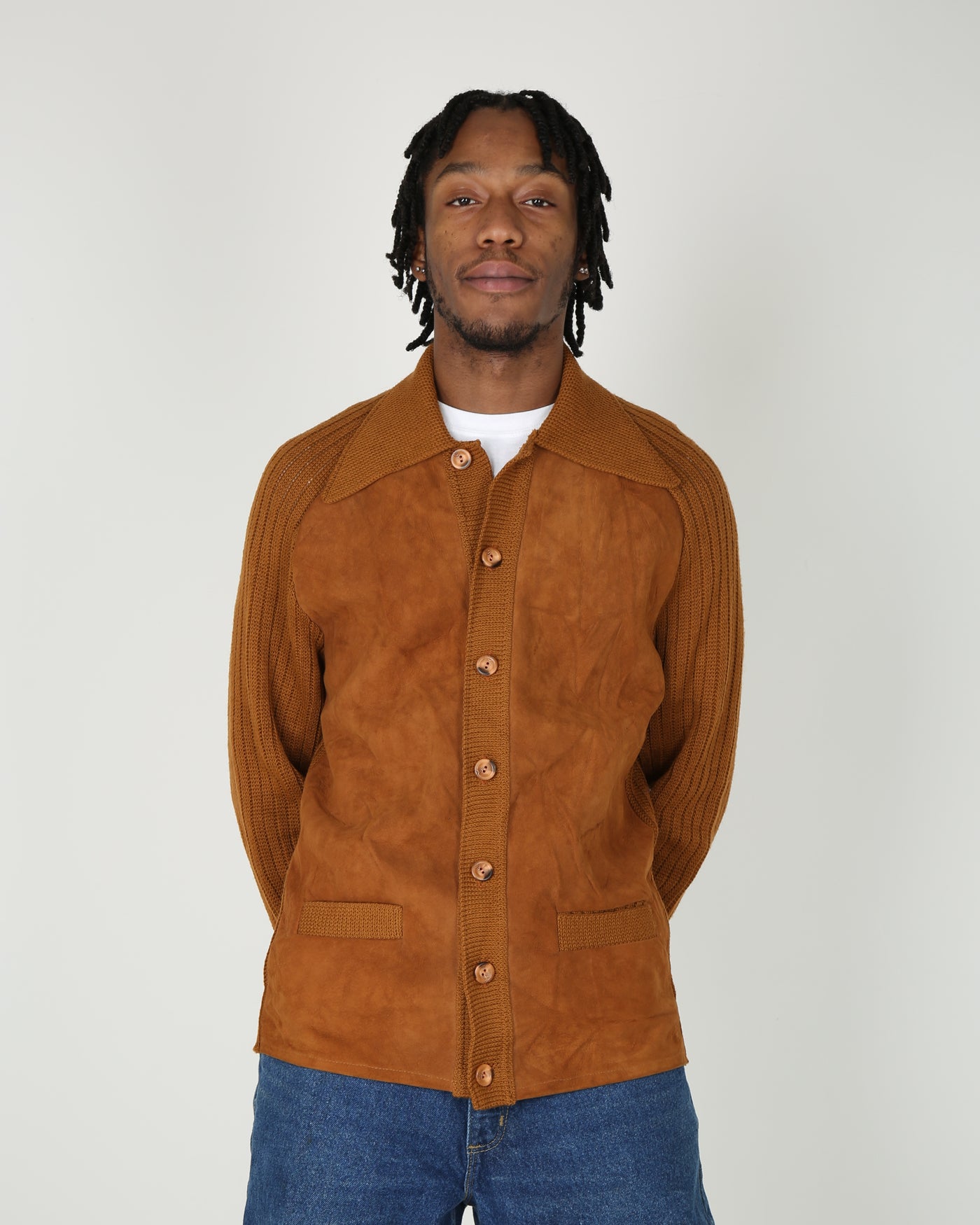 1970s Tundra suede front knitted cardigan - XS