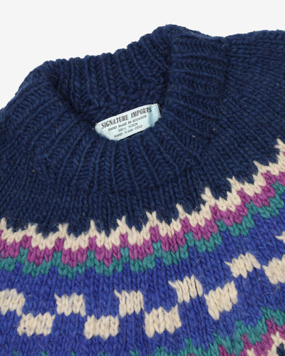 Vintage 80s Blue / Navy Patterned Chunky Knit - L