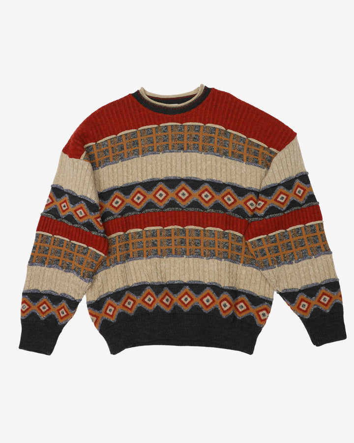 Vintage 90s Chunky Neutral Tone All Over Patterned Knitted Sweatshirt - XL