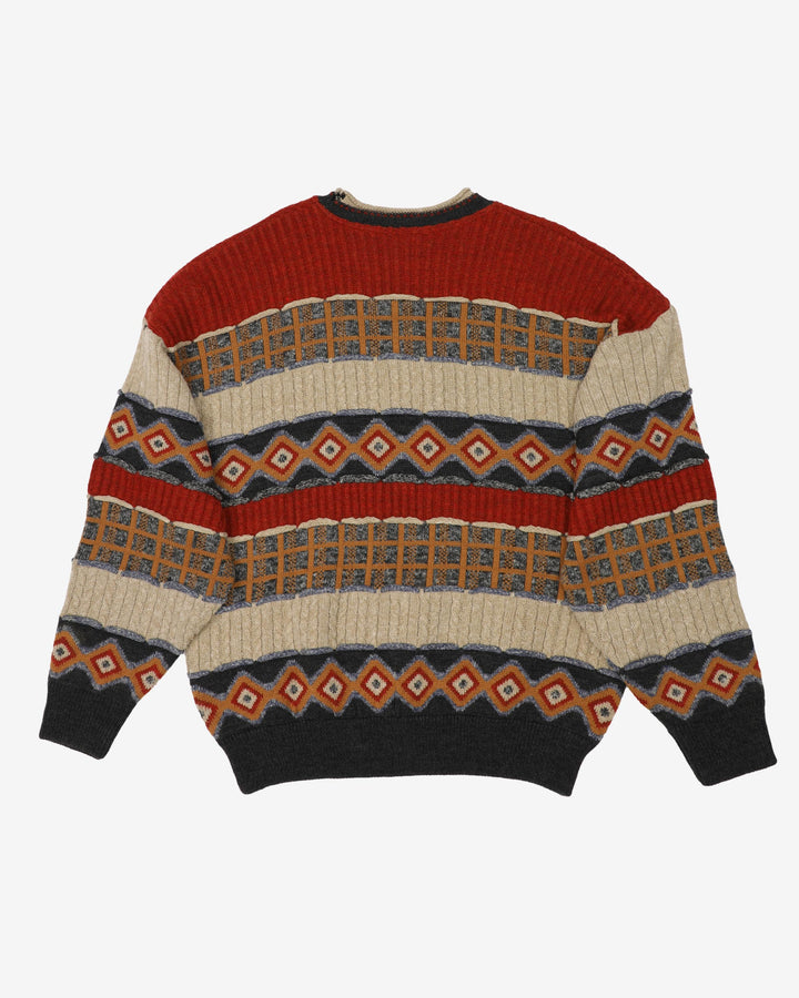 Vintage 90s Chunky Neutral Tone All Over Patterned Knitted Sweatshirt - XL