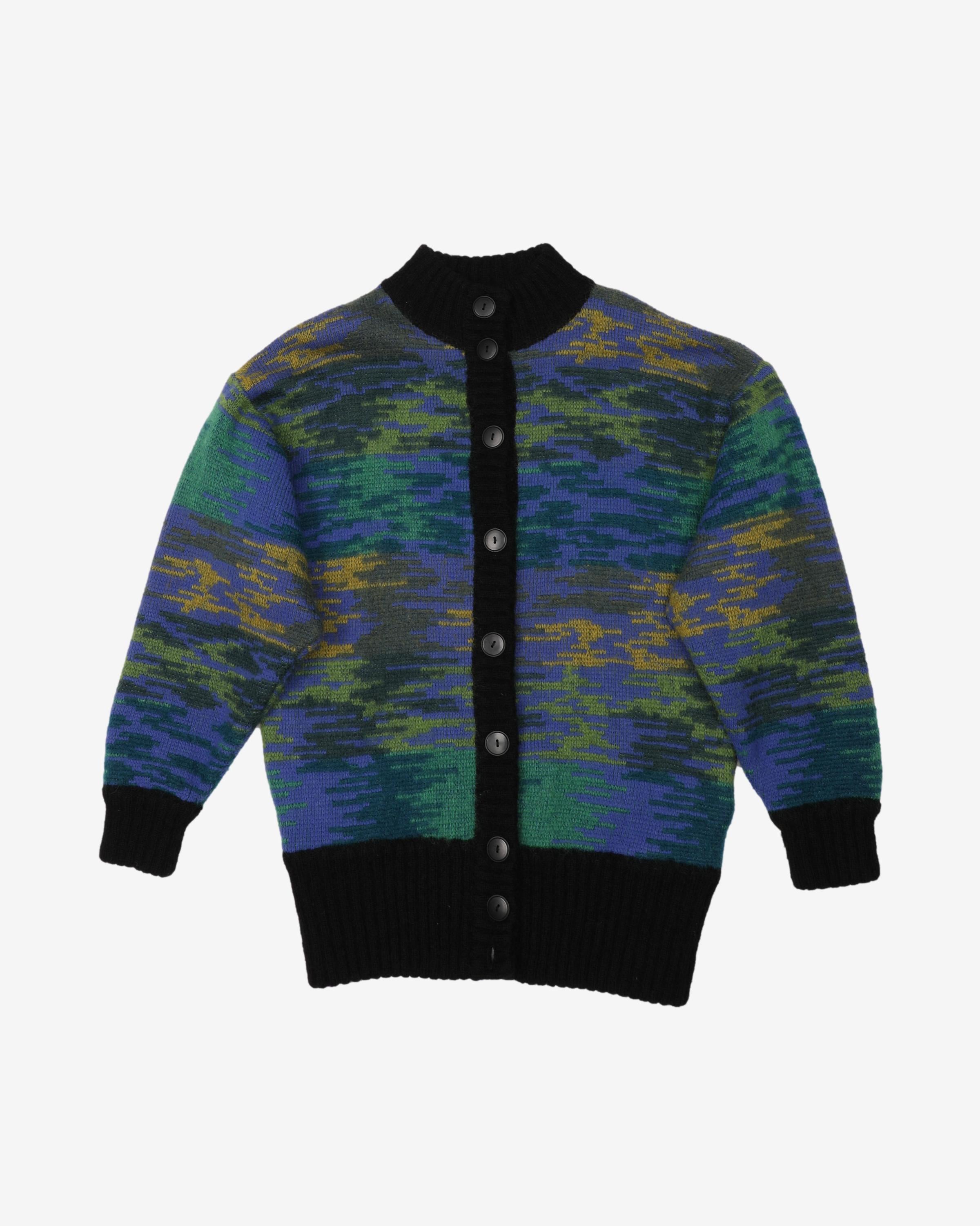 Vintage 90s Black / Blue / Green Patterned Button Up Cardigan Sweatshirt - L
