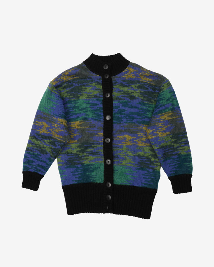 Vintage 90s Black / Blue / Green Patterned Button Up Cardigan Sweatshirt - L