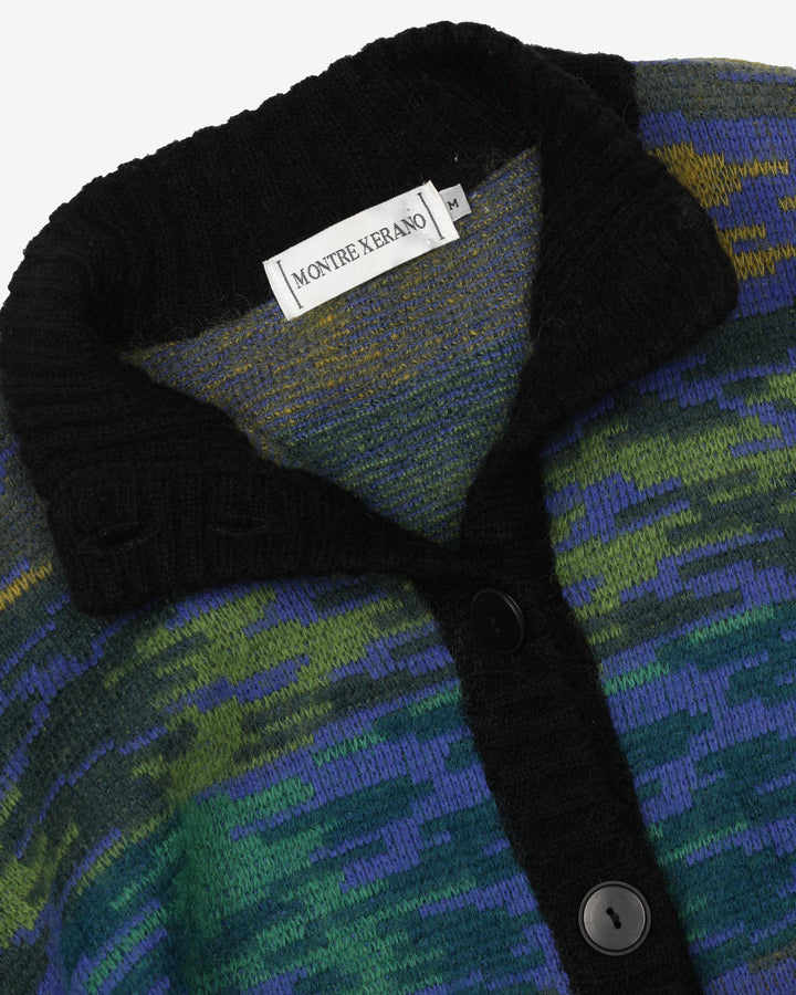 Vintage 90s Black / Blue / Green Patterned Button Up Cardigan Sweatshirt - L