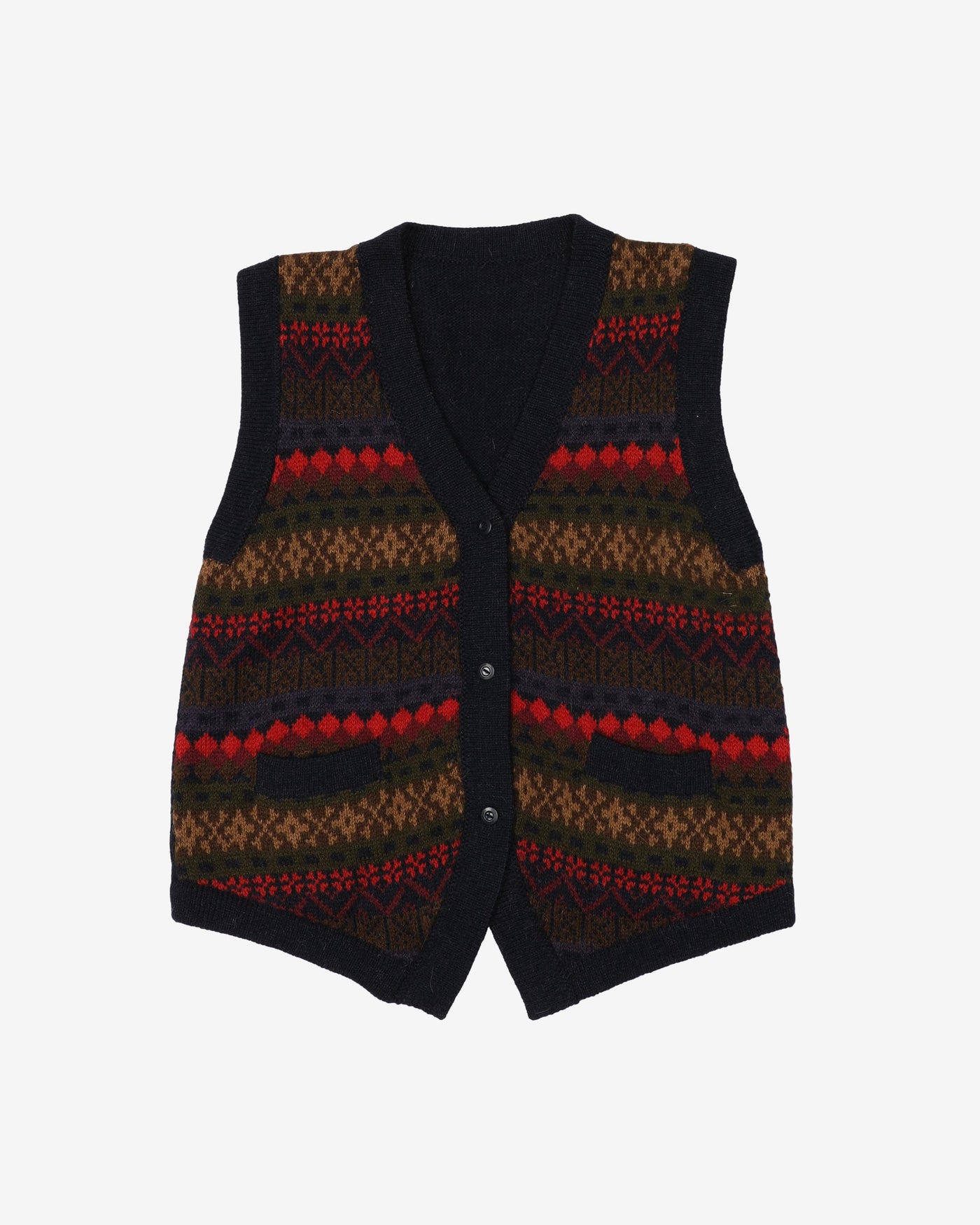 Vintage 80s Navy / Green / Red Patterned Knitted Sweater Vest - S
