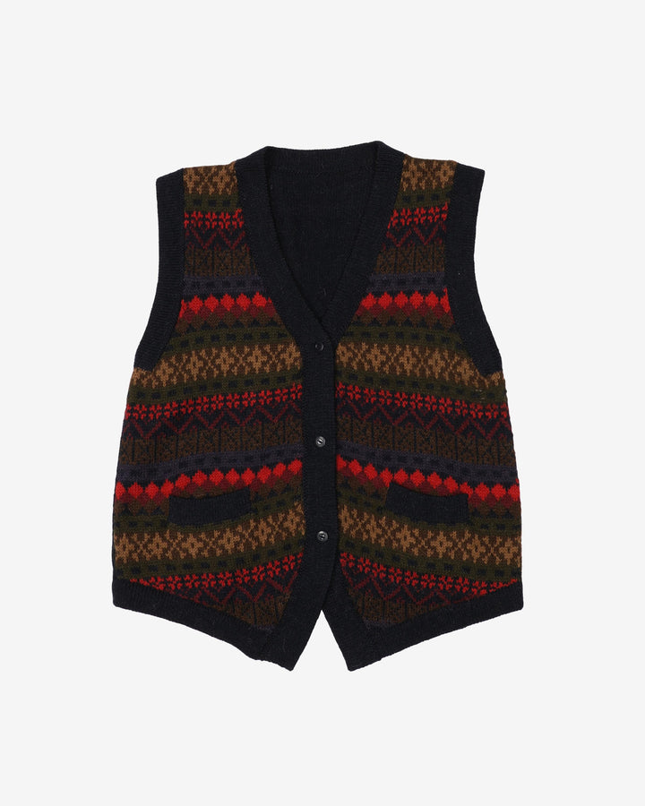Vintage 80s Navy / Green / Red Patterned Knitted Sweater Vest - S
