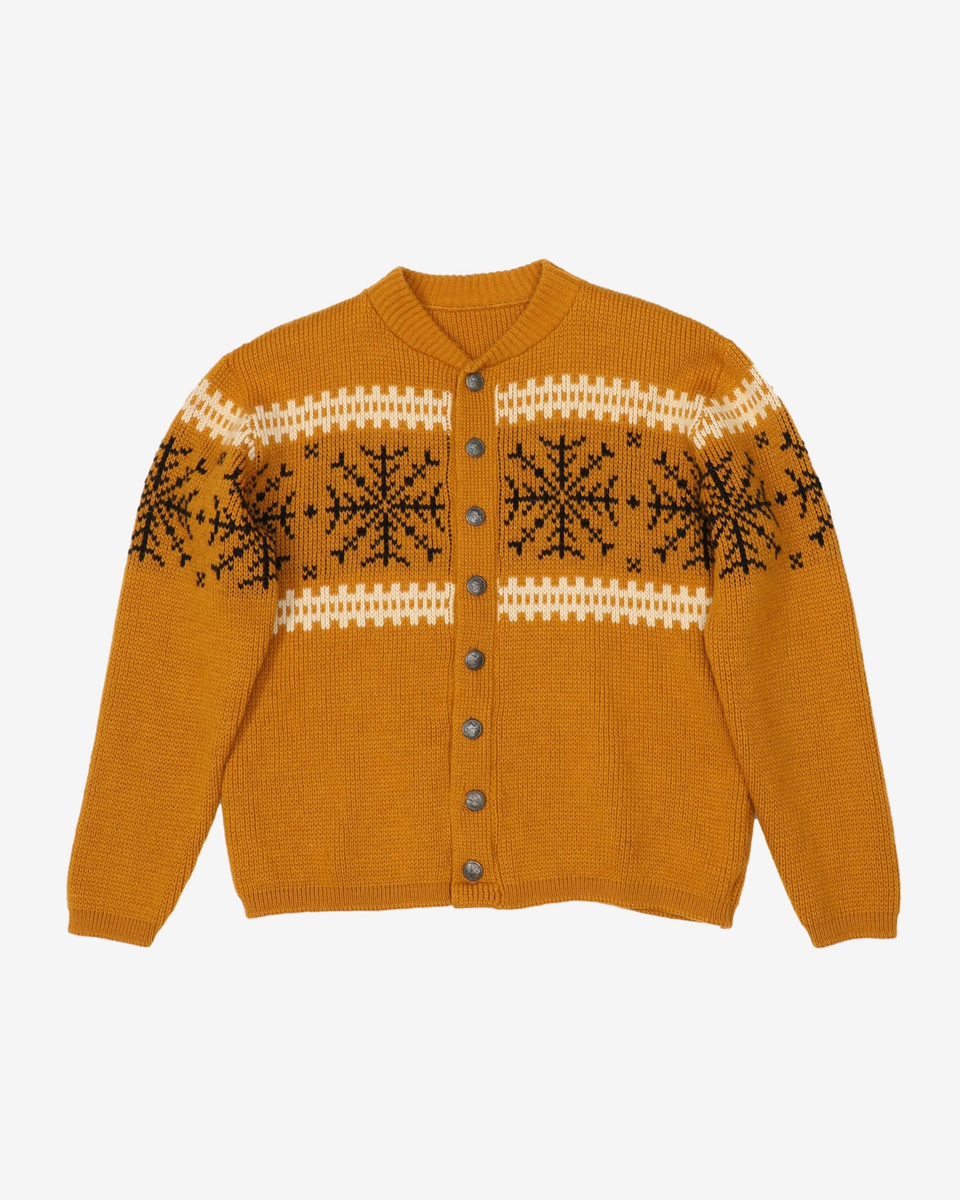 Vintage 80s Mustard Yellow Button Up Knitted Sweatshirt - M