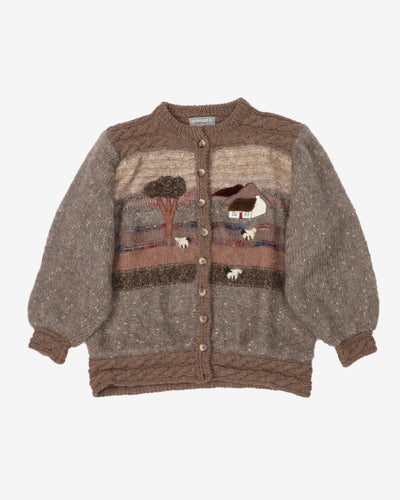 Vintage 90s Farm House Design Grey / Brown Mohair Knitted Cardigan- M