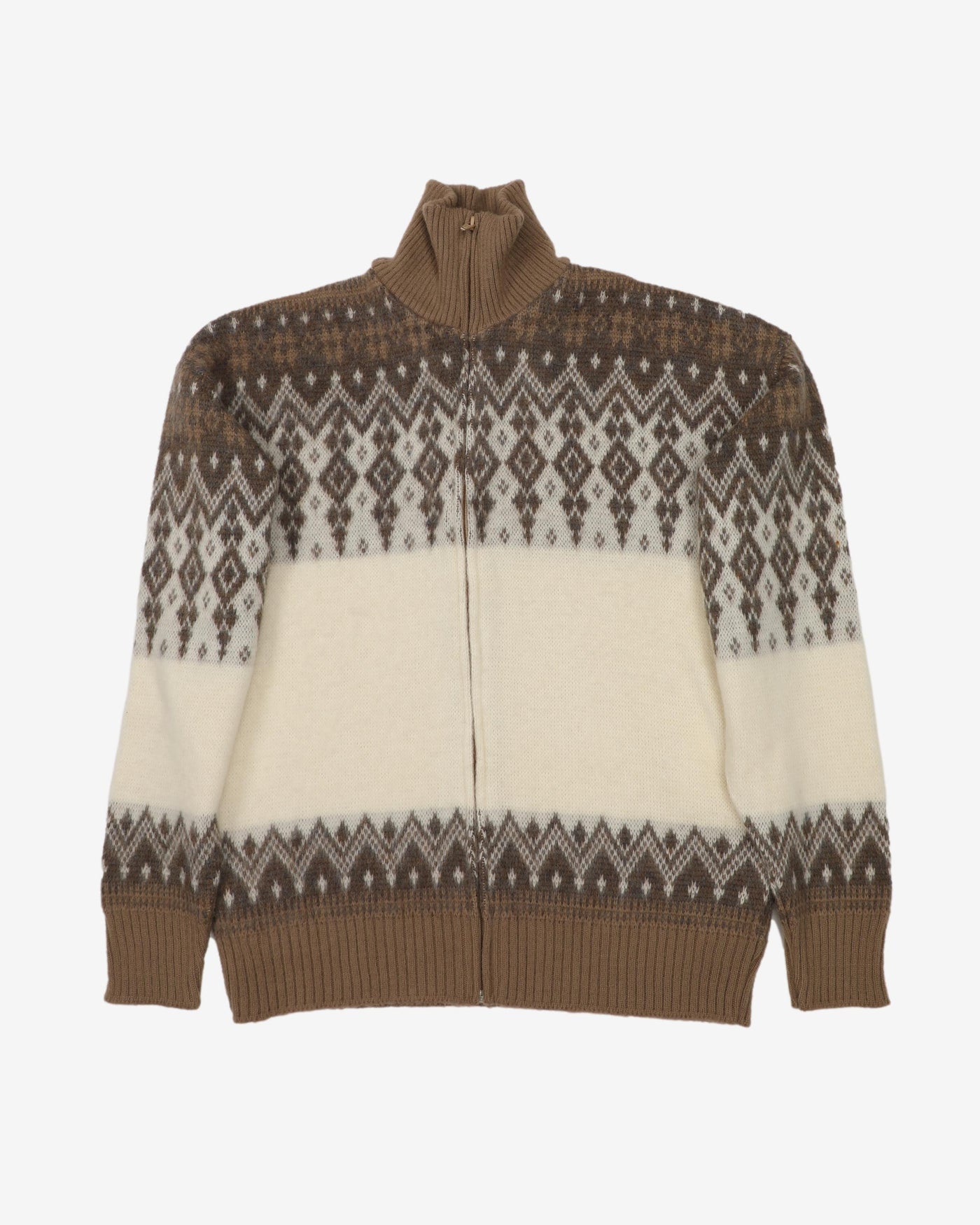 Vintage 80s Tundra Brown Knitted Zip-Up Wool Sweatshirt - M