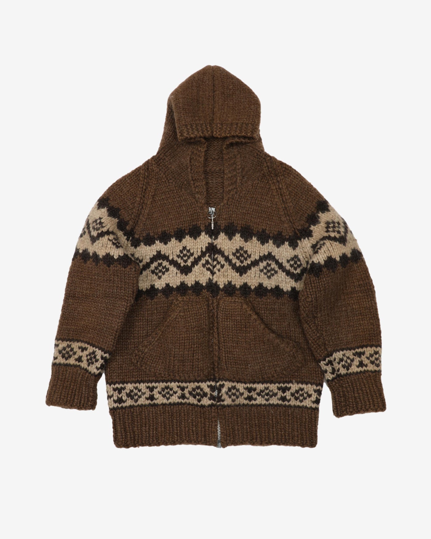 Vintage 80s Tundra Brown Knitted Zip-Up Hooded Wool Sweatshirt - M