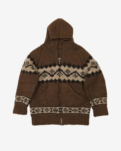 Vintage 80s Tundra Brown Knitted Zip-Up Hooded Wool Sweatshirt - M