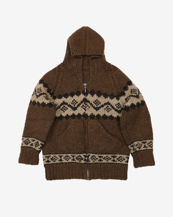 Vintage 80s Tundra Brown Knitted Zip-Up Hooded Wool Sweatshirt - M