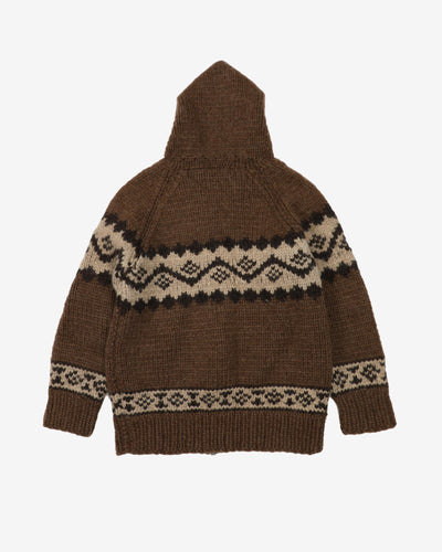 Vintage 80s Tundra Brown Knitted Zip-Up Hooded Wool Sweatshirt - M