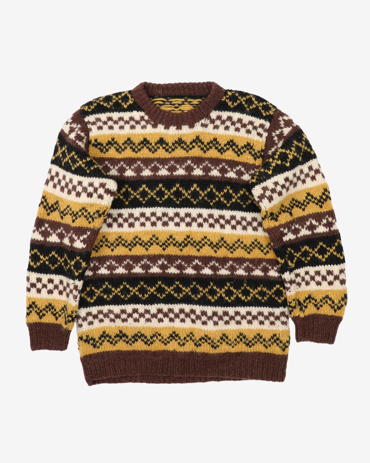 Vintage 80s Yellow / Black / Brown Patterned Wool Knit - M